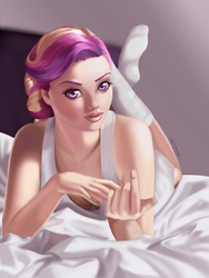 Size: 1500x2000 | Tagged: safe, artist:jay156, princess cadance, human, g4, beckoning, bed, bedroom eyes, clothes, come hither, downblouse, humanized, on bed, prone, seductive look, sexy, socks, stupid sexy princess cadance, uncanny valley