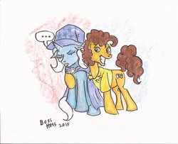 Size: 1045x850 | Tagged: safe, artist:boss-hoss1, cheese sandwich, trixie, pony, unicorn, ask trixie and cheese, g4, female, grin, hug, mare, smiling, traditional art, unamused