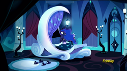 Size: 1920x1080 | Tagged: safe, screencap, princess luna, alicorn, pony, do princesses dream of magic sheep, g4, bed, bedroom, clothes, discovery family logo, ethereal mane, female, jewelry, luna's room, mare, regalia, slippers, solo, starry mane