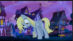 Size: 989x561 | Tagged: safe, screencap, derpy hooves, mayor mare, pegasus, pony, do princesses dream of magic sheep, g4, season 5, derpysaur, discovery family logo, dream, epic derpy, female, giant derpy hooves, giant pony, giantess, house, looking down, looking up, macro, mare, night, shared dream