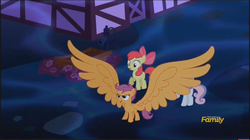 Size: 1968x1104 | Tagged: safe, screencap, apple bloom, scootaloo, sweetie belle, do princesses dream of magic sheep, g4, alicorn wings, cutie mark crusaders, discovery family logo, dream, impossibly large wings, large wings, night