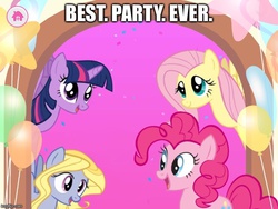 Size: 666x500 | Tagged: safe, fluttershy, lily blossom, pinkie pie, twilight sparkle, alicorn, earth pony, pegasus, pony, g4, my little pony friendship celebration cutie mark magic, app, caption, female, game, image macro, mare, meme, one of these things is not like the others, party, twilight sparkle (alicorn)