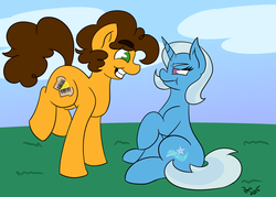 Size: 1280x914 | Tagged: safe, artist:penn-name, cheese sandwich, trixie, pony, unicorn, ask trixie and cheese, g4, female, grin, mare, smiling, unamused