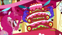 Size: 1920x1080 | Tagged: safe, screencap, pinkie pie, earth pony, pony, do princesses dream of magic sheep, g4, cake, female, mare, monster, open mouth, raised arms