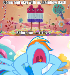 Size: 960x1031 | Tagged: safe, screencap, rainbow dash, pegasus, pony, do princesses dream of magic sheep, g4, candy, candy cane, flower, food, ice cream, image macro, meme, nightmare fuel, screaming, sponge out of water, spongebob squarepants, the shining, tree