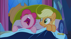 Size: 854x471 | Tagged: safe, screencap, applejack, pinkie pie, do princesses dream of magic sheep, g4, bed, nose in the air, sleeping, snoring, volumetric mouth