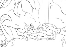 Size: 1197x869 | Tagged: safe, artist:sugarlesspaints, princess luna, alicorn, pony, do princesses dream of magic sheep, g4, female, grayscale, luna's dream, monochrome, sleeping, solo, that was fast