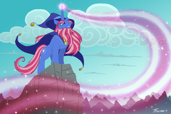 Size: 1500x1000 | Tagged: safe, artist:dembai, star swirl the bearded, pony, unicorn, g4, beard, bell, cloak, clothes, cloud, cloudy, facial hair, frown, gritted teeth, hat, magic, male, mountain, sky, solo, sparkles, stallion, standing, wizard hat