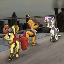 Size: 2480x2480 | Tagged: safe, artist:manearion, apple bloom, scootaloo, sweetie belle, pegasus, pony, robot, robot pony, unicorn, g4, city, clothes, cutie mark crusaders, feather, female, filly, floppy ears, foal, glasses, goggles, hat, high res, hooves, horn, open mouth, smiling, species swap, steampunk, sweetie bot, waistcoat, wings
