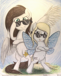 Size: 1072x1350 | Tagged: safe, artist:thefriendlyelephant, oc, oc only, oc:blue, oc:coconut cake, butterfly pony, pegasus, pony, belly button, bipedal, butterfly wings, duo, grass, smiling, sunglasses, tongue out, traditional art, wings