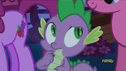 Size: 500x281 | Tagged: safe, screencap, berry punch, berryshine, cherry berry, derpy hooves, spike, dragon, earth pony, pegasus, pony, do princesses dream of magic sheep, g4, animated, beefspike, derpysaur, discovery family, discovery family logo, dragons riding ponies, female, finger snap, gif, hoofy-kicks, level up, male, mare, rearing, riding, shared dream, spike riding derpy