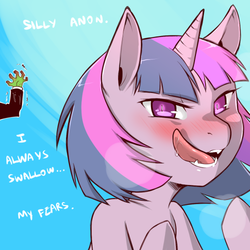 Size: 500x500 | Tagged: safe, artist:cold-blooded-twilight, twilight sparkle, oc, oc:anon, human, cold blooded twilight, g4, biting, blushing, food, hand, nom, quesadilla, revenge