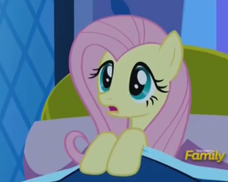 Size: 443x355 | Tagged: safe, screencap, fluttershy, pegasus, pony, do princesses dream of magic sheep, g4, bed, bedsheets, cute, discovery family logo, female, lying, mare, open mouth, pillow, shyabetes, solo