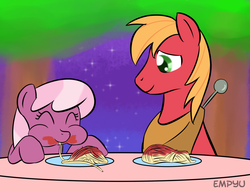 Size: 1000x762 | Tagged: safe, artist:empyu, big macintosh, cheerilee, earth pony, pony, g4, 30 minute art challenge, chubby cheeks, eating, eyes closed, food, happy, male, messy eating, puffy cheeks, ship:cheerimac, shipping, smiling, spaghetti, stallion, straight