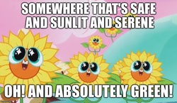 Size: 861x500 | Tagged: safe, screencap, do princesses dream of magic sheep, g4, a troll in central park, don bluth, flower, image macro, lyrics, meme, movie reference, nightmare fuel, nightmare sunflower, pure unfiltered evil, song reference, sunflower