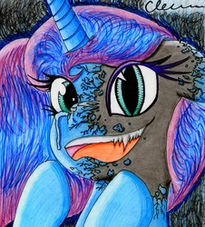 Size: 1263x1398 | Tagged: safe, artist:the1king, nightmare moon, princess luna, alicorn, pony, do princesses dream of magic sheep, g4, corrupted, cracks, crying, duality, fangs, female, frown, hoof over mouth, mare, open mouth, sharp teeth, slit pupils, smiling, solo, teeth, traditional art, transformation