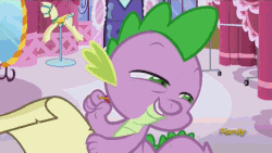 Size: 640x360 | Tagged: safe, screencap, spike, dragon, do princesses dream of magic sheep, g4, animated, carousel boutique, discovery, faic, gif, letter, lidded eyes, male, mirror, parchment, ponyquin, quill, scroll, smug, solo, trollface, trollspike, writing