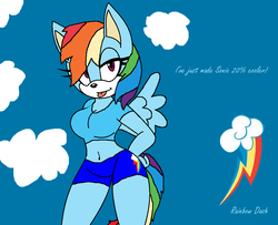 Size: 945x768 | Tagged: safe, artist:rannathehedgehog, artist:shady-fox667, rainbow dash, mobian, anthro, g4, :p, bedroom eyes, belly button, clothes, cutie mark, female, gotta go fast, looking at you, male, midriff, sanic, shirt, short shirt, shorts, smiling, solo, sonic the hedgehog, sonic the hedgehog (series), sonicified, species swap, style emulation, tongue out, wings