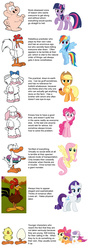 Size: 759x2136 | Tagged: safe, apple bloom, applejack, fluttershy, pinkie pie, rainbow dash, rarity, scootaloo, sweetie belle, twilight sparkle, g4, bo sheep, booker, comparison, cutie mark crusaders, garfield and friends, jim davis, lanolin sheep, mane six, orson pig, plato, roy rooster, sheldon, text, u.s. acres, us acres, wade duck