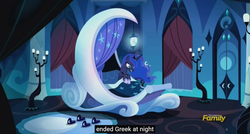 Size: 1600x855 | Tagged: safe, screencap, princess luna, do princesses dream of magic sheep, g4, bed, clothes, greece, greek, luna's room, meme, slippers, youtube caption