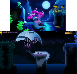 Size: 1412x1364 | Tagged: safe, princess luna, do princesses dream of magic sheep, g4, dream, full moon, game screencap, glowing flower, glowing mushroom, luna's dream, moon, night, terraria, that was fast, waterfall