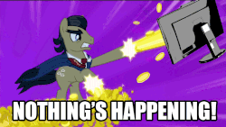 Size: 700x394 | Tagged: safe, edit, edited screencap, screencap, filthy rich, earth pony, pony, do princesses dream of magic sheep, g4, angry, animated, bits, computer, frown, gritted teeth, image macro, impact font, male, meme, money, money shot, necktie, raised hoof, screen, shut up and take my money, solo, stallion, super rich