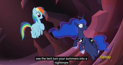 Size: 1600x855 | Tagged: safe, screencap, princess luna, rainbow dash, do princesses dream of magic sheep, g4, meme, tent, youtube caption