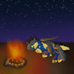 Size: 800x800 | Tagged: safe, artist:timid tracks, oc, oc only, oc:anvil crawler, oc:doc helix, earth pony, pegasus, pony, commission, cuddling, fire, gay, hug, love, male, night, outdoors, shipping, snuggling, stars