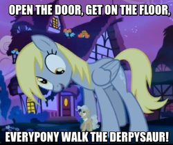 Size: 573x478 | Tagged: safe, edit, edited screencap, screencap, derpy hooves, mayor mare, pegasus, pony, do princesses dream of magic sheep, g4, background pony, cropped, derpysaur, female, giant derpy hooves, giant pony, giantess, house, image macro, macro, mare, meme, ponyville, song reference, walk the dinosaur, was (not was)