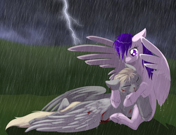 Size: 1000x773 | Tagged: safe, artist:foxenawolf, oc, oc only, oc:airbrush (foxenawolf), oc:screampony, pegasus, pony, crying, lightning, outdoors, rain, unshorn fetlocks