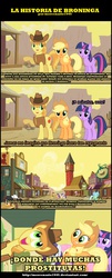 Size: 485x1197 | Tagged: safe, edit, edited screencap, screencap, applejack, berry punch, berryshine, black stone, braeburn, daisy, flower wishes, fluttershy, lyra heartstrings, rarity, toffee, twilight sparkle, g4, my little pony: friendship is magic, over a barrel, appleloosa, comic, male, poringa, screencap comic, spanish, taringa, the simpsons