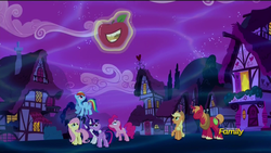 Size: 1920x1080 | Tagged: safe, screencap, applejack, big macintosh, fluttershy, pinkie pie, rainbow dash, rarity, twilight sparkle, alicorn, pony, unicorn, do princesses dream of magic sheep, g4, my little pony: friendship is magic, apple, female, house, male, mane six, mare, race swap, stallion, twilight sparkle (alicorn), unicorn big mac