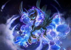 Size: 2790x1963 | Tagged: safe, artist:dawnfire, princess luna, alicorn, pony, g4, cloud, cloudy, colored pupils, female, flying, glowing mane, night, night sky, solo, spread wings