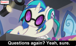 Size: 1600x973 | Tagged: safe, dj pon-3, vinyl scratch, pony, unicorn, comic:celestia's servant interview, g4, caption, cs captions, female, headphones, interview, mare, solo, sunglasses