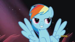 Size: 640x360 | Tagged: safe, screencap, rainbow dash, changeling, do princesses dream of magic sheep, g4, animated, discovery family logo, fight, flying, knock out, like a boss, offhand backhand, smirk, talking