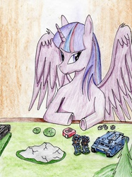 Size: 2378x3173 | Tagged: safe, artist:40kponyguy, derpibooru exclusive, twilight sparkle, alicorn, pony, g4, bolter, dice, female, high res, mare, metal bawkses, rhino tank, space marine, traditional art, twilight sparkle (alicorn), ultramarine, warhammer (game), warhammer 40k