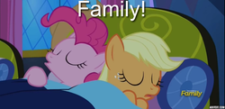 Size: 840x408 | Tagged: safe, edit, edited screencap, screencap, applejack, pinkie pie, do princesses dream of magic sheep, g4, bed, discovery family logo, female, shipping fuel, sleeping