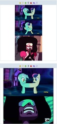 Size: 253x552 | Tagged: safe, bon bon, lyra heartstrings, sweetie drops, earth pony, gem (race), pony, unicorn, derpibooru, do princesses dream of magic sheep, g4, my little pony: friendship is magic, cute, exploitable meme, female, fusion, garnet (steven universe), gem fusion, grin, horrified, hug, juxtaposition, juxtaposition win, lesbian, lyrabon (fusion), mare, meme, meta, mixed emotions, mixed reactions, pushmi-pullyu, ship:lyrabon, shipper on deck, shipping, steven universe, we have become one