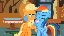 Size: 900x506 | Tagged: safe, edit, screencap, applejack, rainbow dash, earth pony, pegasus, pony, g4, the mysterious mare do well, duo, female, kiss on the lips, kissing, lesbian, mare, out of context, ship:appledash, shipping