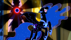 Size: 1920x1080 | Tagged: safe, screencap, nightmare moon, tantabus, alicorn, pony, do princesses dream of magic sheep, g4, castle of the royal pony sisters, ethereal mane, female, laughing, mare, nose in the air, sharp teeth, solo, spread wings, starry mane, teeth, volumetric mouth, wings