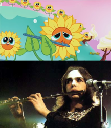 Size: 394x453 | Tagged: safe, screencap, human, do princesses dream of magic sheep, comparison, discovery family logo, flower, flute, genesis, irl, irl human, microphone, musical instrument, nightmare sunflower, peter gabriel, photo