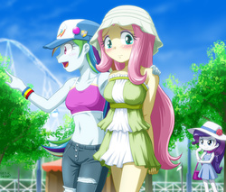 Size: 1171x1000 | Tagged: safe, artist:uotapo, fluttershy, rainbow dash, rarity, human, equestria girls, g4, armpits, aside glance, badge, baseball cap, belly button, blushing, breasts, busty fluttershy, chibi, clothes, covering, cute, dashabetes, denim, dress, embarrassed, female, frown, handbag, hat, lesbian, looking at you, midriff, open mouth, pants, pointing, roller coaster, ship:flutterdash, shipping, short dress, shyabetes, smiling, sports bra, sun hat, torn clothes, uotapo is trying to murder us