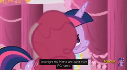 Size: 629x348 | Tagged: safe, screencap, pinkie pie, twilight sparkle, alicorn, pony, do princesses dream of magic sheep, g4, meme, twilight sparkle (alicorn), youtube caption