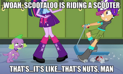 Size: 832x500 | Tagged: safe, edit, edited screencap, screencap, scootaloo, spike, twilight sparkle, dog, equestria girls, g4, my little pony equestria girls, image macro, meme, spike the dog, stoner spike