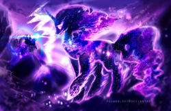 Size: 4000x2588 | Tagged: safe, artist:aquagalaxy, princess luna, tantabus, alicorn, pony, do princesses dream of magic sheep, g4, barrier, epic, female, flying, galaxy, glowing eyes, glowing horn, high res, horn, magic, mare, night, night sky, planet, raised hoof, spread wings, stars, that was fast