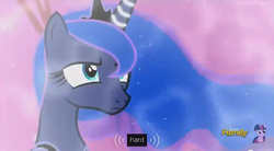 Size: 634x349 | Tagged: safe, screencap, princess luna, do princesses dream of magic sheep, g4, female, frown, hard, meme, out of context, solo, steam, youtube caption