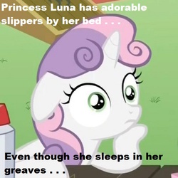 Size: 500x500 | Tagged: safe, princess luna, sweetie belle, do princesses dream of magic sheep, g4, my little pony: friendship is magic, clothes, exploitable meme, greaves, image macro, meme, slippers, sudden clarity sweetie belle