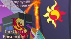 Size: 1280x714 | Tagged: safe, edit, sunset shimmer, equestria girls, rainbow rocks, cult of personality, fiery shimmer, fire, guitar, image macro, living colour, lyrics, meme, metal, photoshop, song reference, sunset shimmer: greatest in the world
