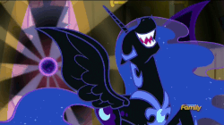Size: 860x483 | Tagged: safe, screencap, nightmare moon, tantabus, do princesses dream of magic sheep, g4, animated, evil laugh, female, laughing, male