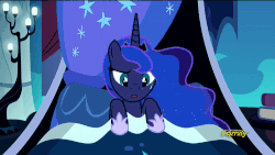 Size: 1000x562 | Tagged: safe, screencap, princess luna, pony, do princesses dream of magic sheep, g4, animated, bed, female, luna's room, male, out of context, solo, sweat, waking up